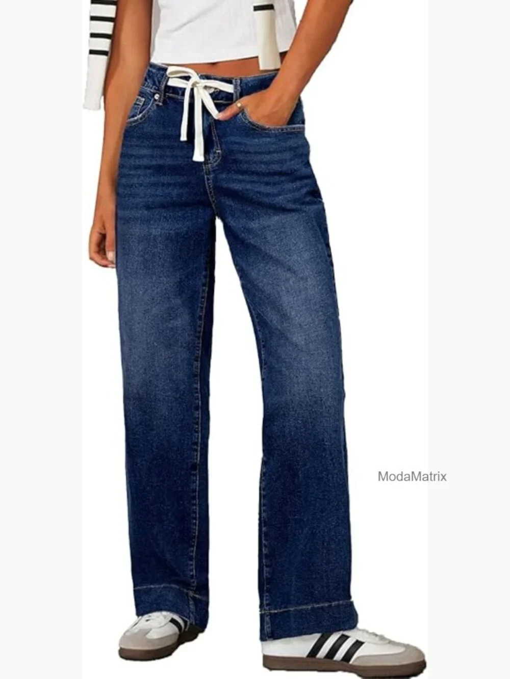 High Waisted Wide Leg Stretchy Jeans with Drawstring - Picture 1 of 7